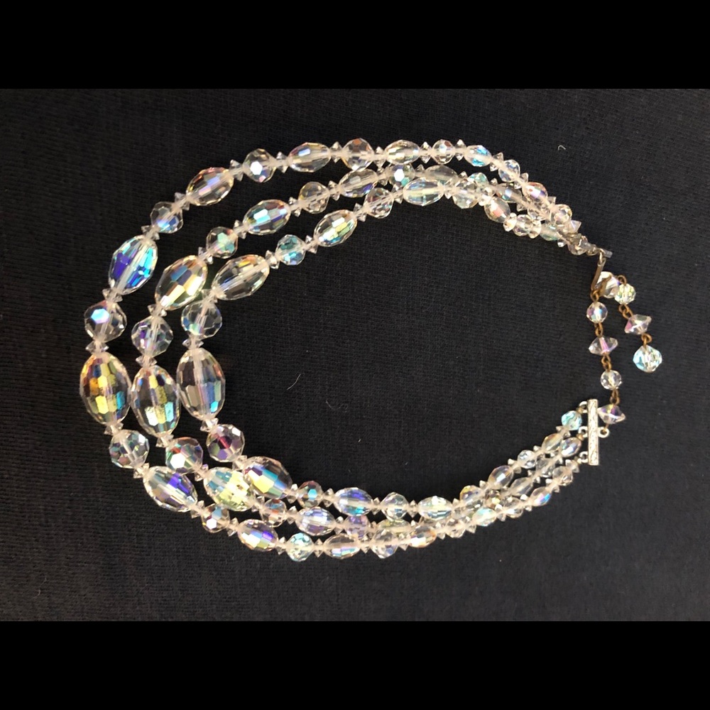 Vintage Antique 3 Strand Aurora Borealis Crystal Necklace Choker Triple